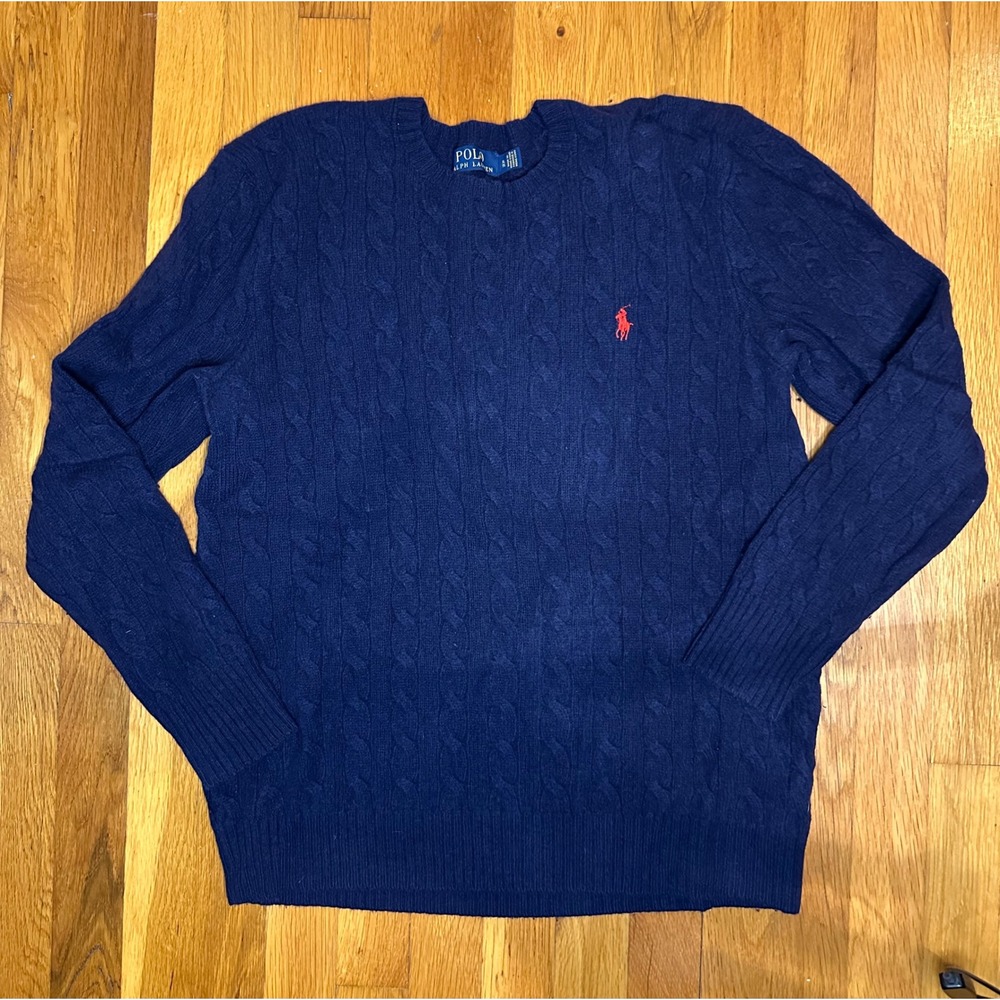 Polo Ralph Lauren Mens XL Navy Wool Cashmere Cable Knit Sweater Red Pony Logo